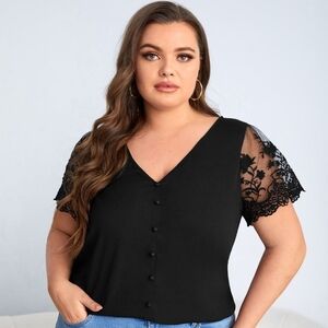 SHEIN Black V-Neck Blouse with Lace Short Sleeves